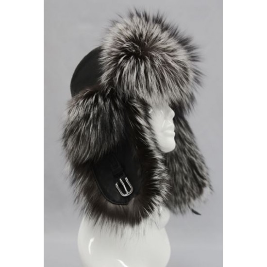 Bilodeau - Aviator hat, silver fox and black leather